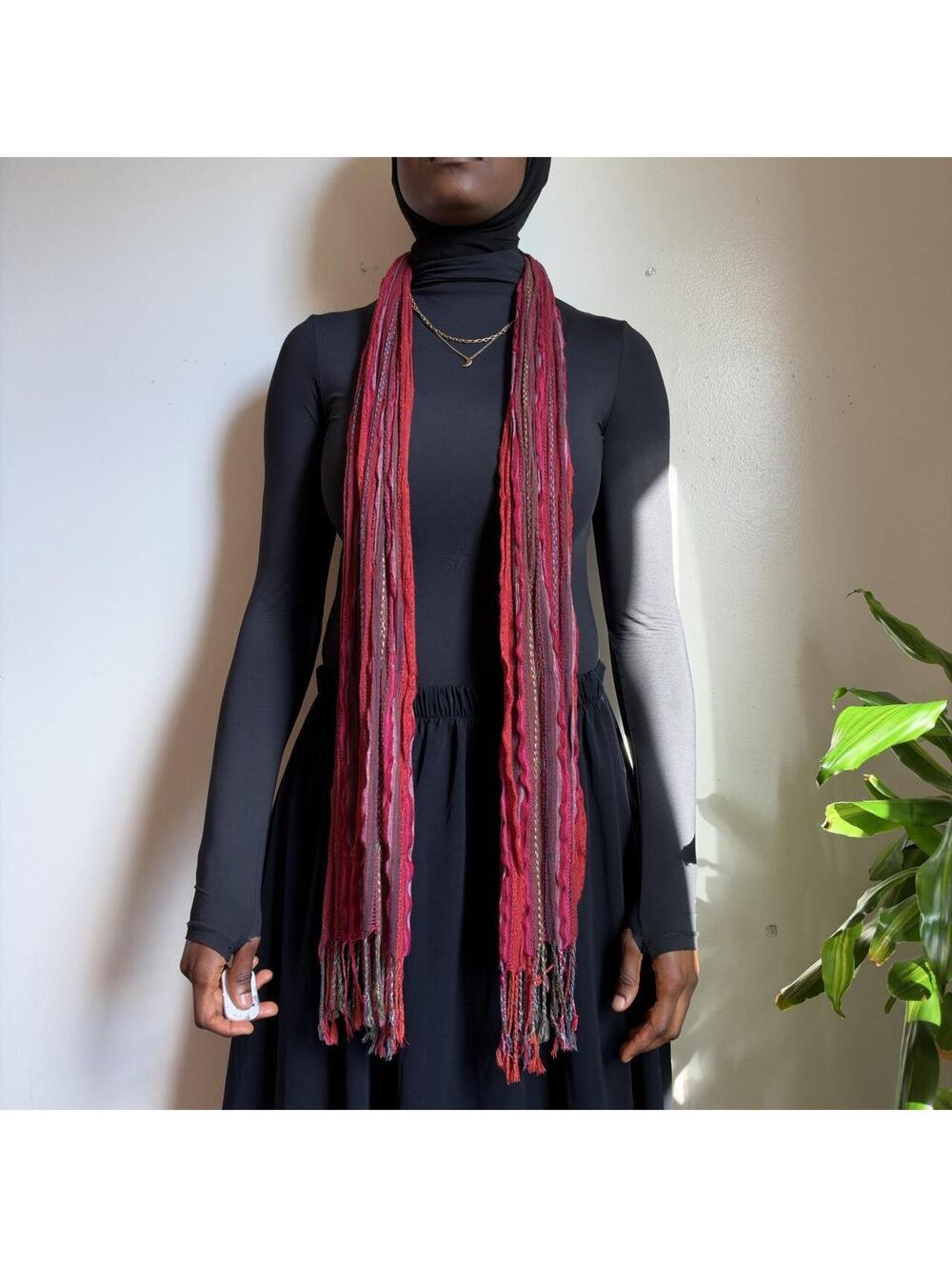Red Crinkle Open Knit Fringe boho Scarf